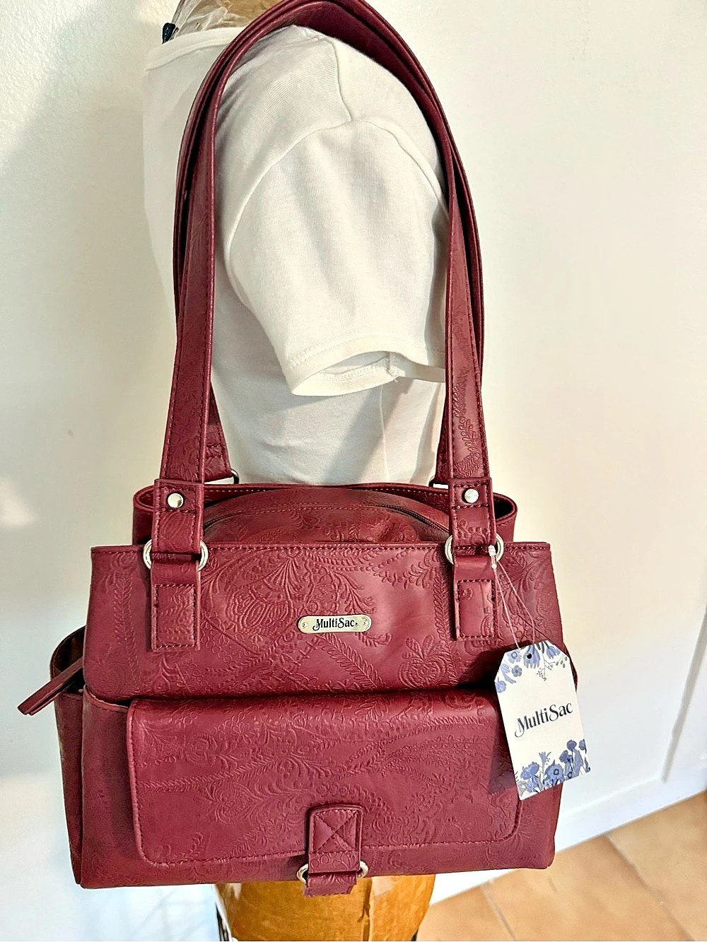 NWT MultiSac Nia Large Shopper Floral Tote Burgundy